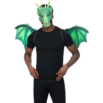 Groen draken kostuum inclusief vleugels en masker one-size