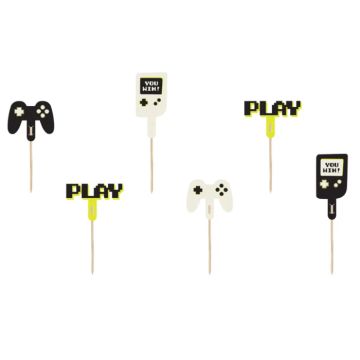 Cupcake decoratieprikkers met gamer-thema 6x - 6-10,5 cm