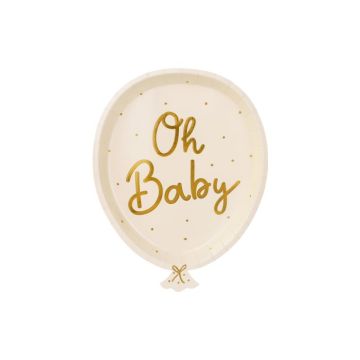 Ballonvormige witte papieren borden met gouden stippen en gouden tekst 6x - 22x17,5 cm