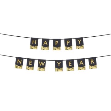 Zwarte nieuwjaarsguirlande met gouden letters en franjes - 135x16,5 cm