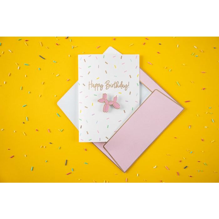 Wit verjaardagskaart met ballonhond en confetti-motieven met envelop - 14,8x10,5 cm