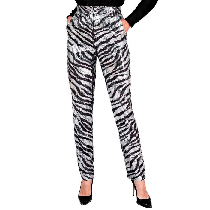 Pailletbroeken voor dames met zebraprint in zilver