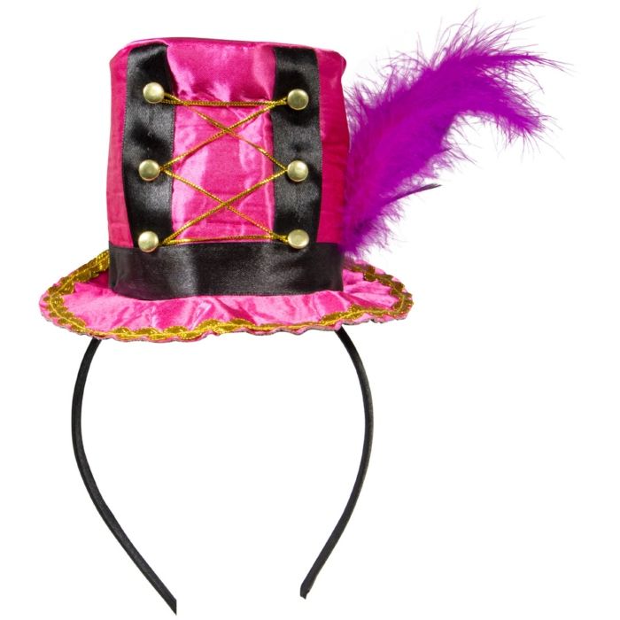 Roze circus hoed met paarse veren