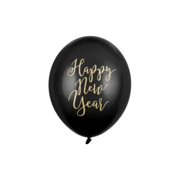 "Happy New Year" ballonnen met gouden letters zwart 50x - 30 cm