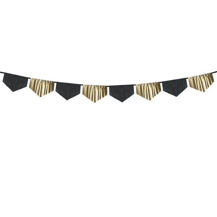 Zwart en goudkleurige folie franjer garland - 3 m