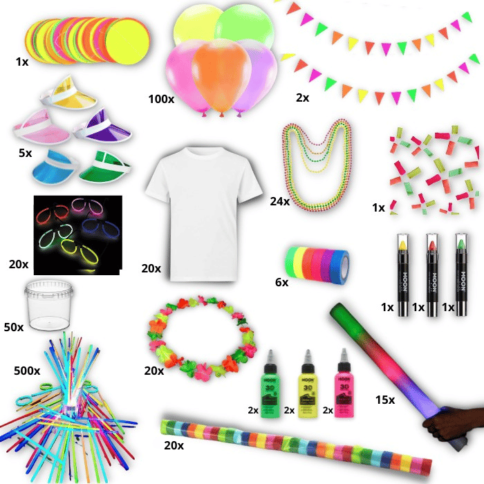 Groot UV Neon feestpakket incl. verf, knicklichten, t-shirts et cetera.