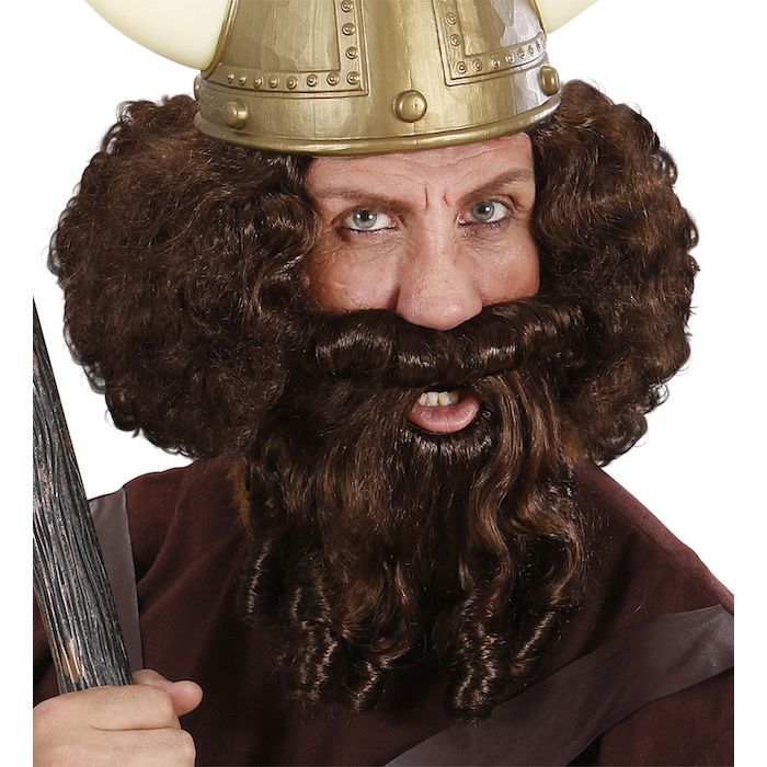 Gekrulde bruine pruik met baard