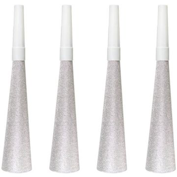 Zilveren glitter partytrompetten 4x - 19 cm