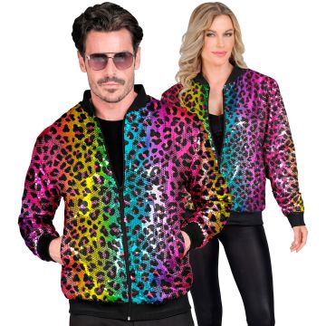 Paillet bomberjack met leopardprint in regenboog