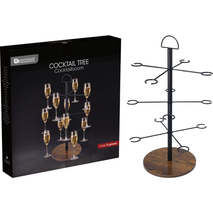 Cocktailstand voor 12 glazen in zwart ijzer met houten voet