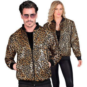 Pailletten bomberjack met leoprint in goud
