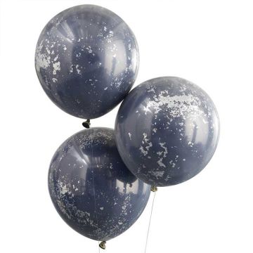 Donkerblauwe ballonnen met zilveren Confetti 3x - 45 cm