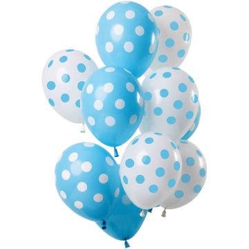 Witte en blauwe stippenballonnen 12x - 33 cm