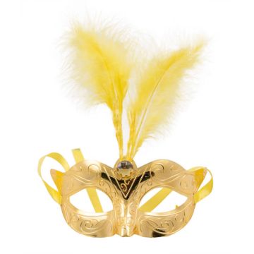 Venetiaanse gouden masker met veren - 23x23 cm