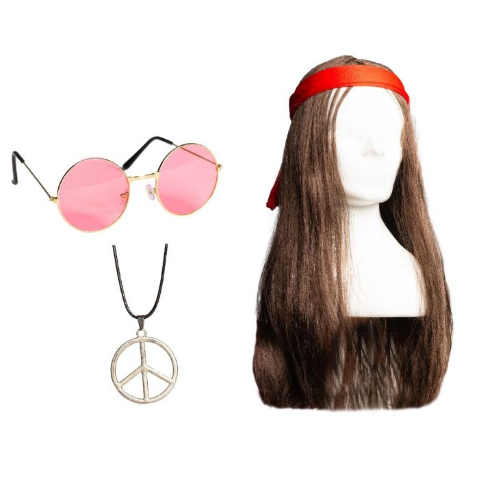 Hippie outfit inclusief brillen, pruik met hoofdband en halsketting voor mannen