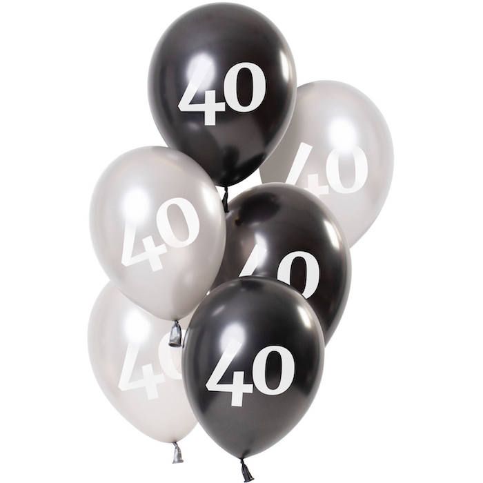 40 jaar ballonnen metallic zwart en zilver 6x - 23 cm