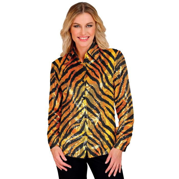 Tijger-pailletteblouse voor dames in oranje