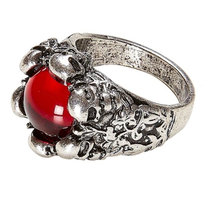 Ring met rode parel en doodskoppen - onesize