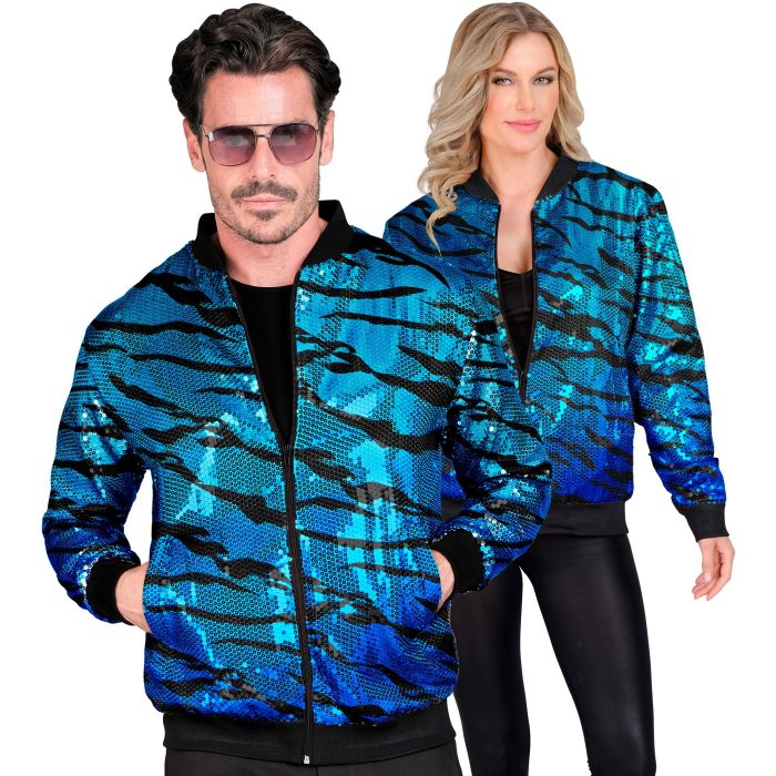 Paillet bomberjack met golfpatroon in turquoise blauw
