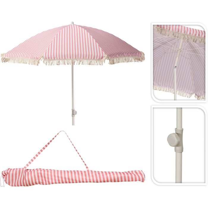 Parasols met franjes, perzik en rauw witte strepen, Ø 180 cm