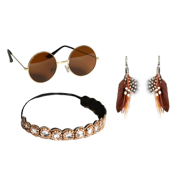 Hippie bruine set incl. haarband, zonnebrillen en oorbellen voor vrouwen