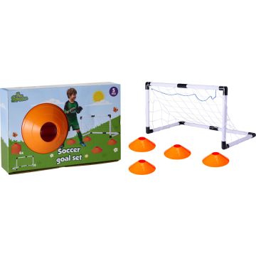 Voetbaldoel met net en 4 kegels