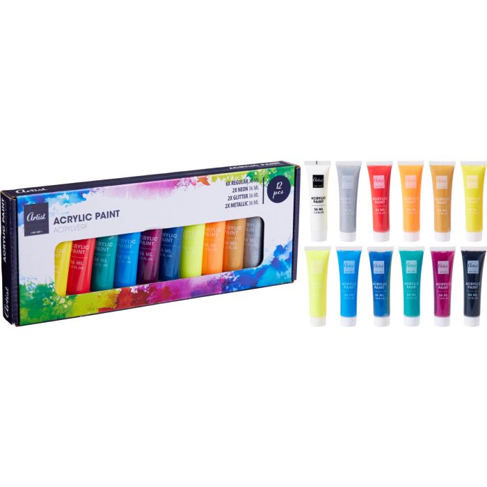 Acrylverf in 12 kleuren, 12 tubes à 36 ml