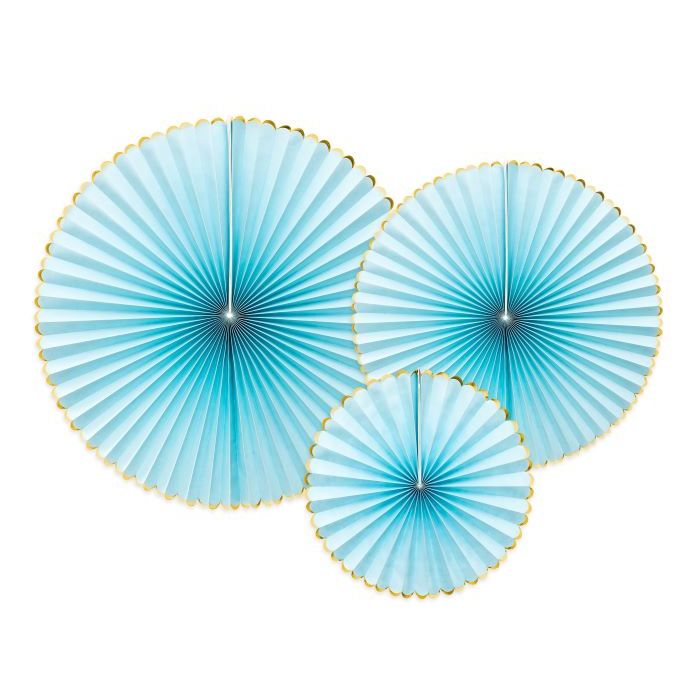 Lichteblauwe rozetten met gouddetail 3x - Ø 23-32-40 cm