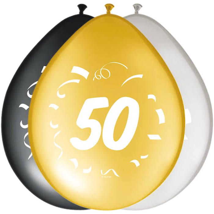 50 jaar Ballonnen Zwart, Goud en Zilver 8x - 30 cm