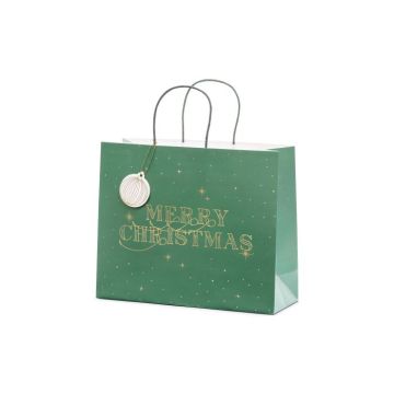 Groene kerstcadeauzak met gouden opdruk - 32,5x26,5x11,5 cm