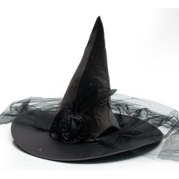 Zwarte heksenhoed met voile en bloemen