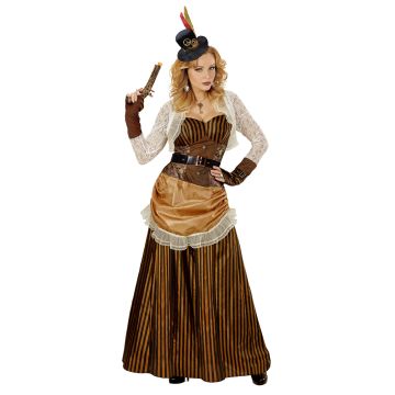Gestreepte steampunk jurk in bruin en goud