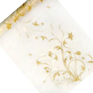 Organza tafelrunner crème met gouden patroon 0,36x9 m