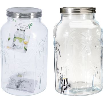 Drinkkan in glas met palmenpatroon en kraan, 5,5 liter