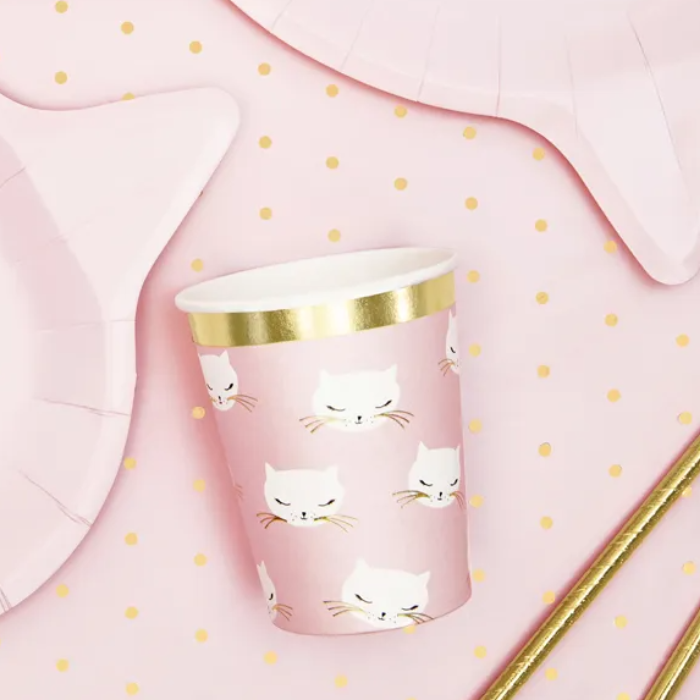 Roze papieren bekers met katten 6x - 200 ml