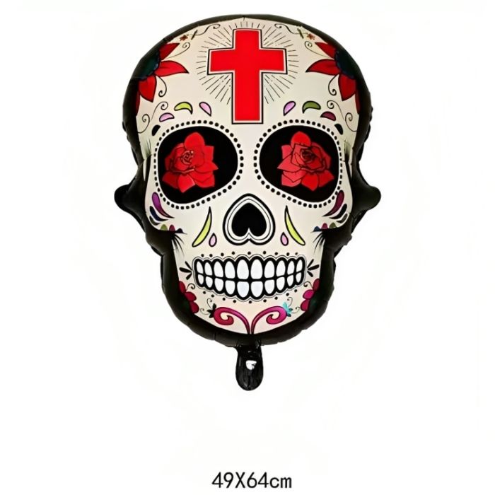 Opblaasbare Day of the Dead schedel met rode kruis motiv
