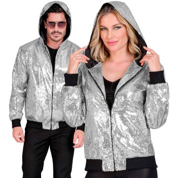 Sequin bomberjack met capuchon in zilver