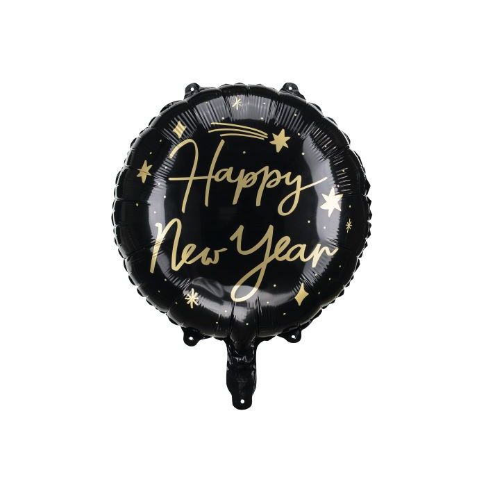 Zwarte ronde nieuwjaarsfolieballon met gouden sterren en tekst - 45 cm