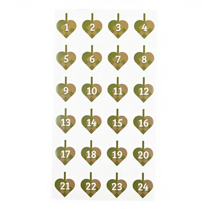 Stickers voor de adventskalender met nummers en gevlochten kersthartjes groen 24x Het Oude Apotheek