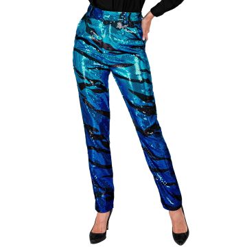 Pailletbroek voor dames met golvend patroon in turquoise blauw
