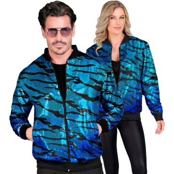 Paillet bomberjack met golfpatroon in turquoise blauw