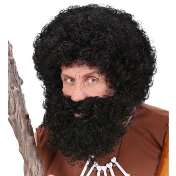 Grote zwarte krullende pruik en volle baard
