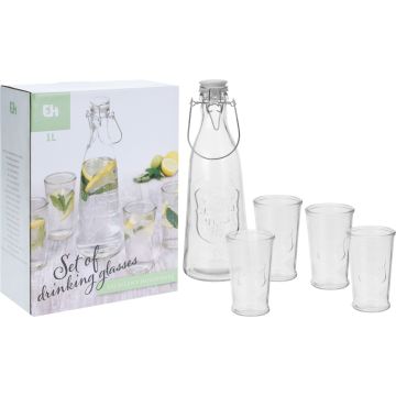 Drinkset van glas met fles en 4 glazen, 1 liter