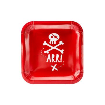 Rode papieren borden met wit piratenmotief 6x - 20x20 cm