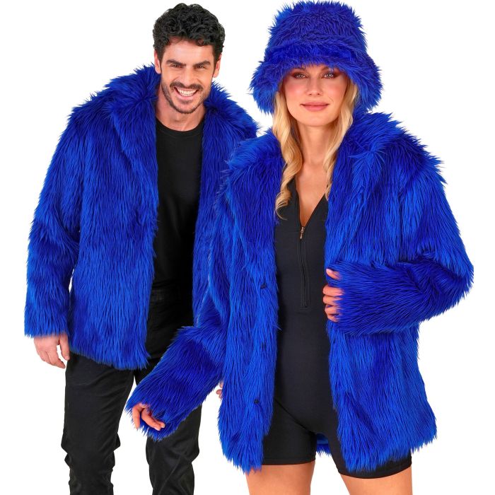 Blauwe bontjas met een volumineuze discouduitdruk