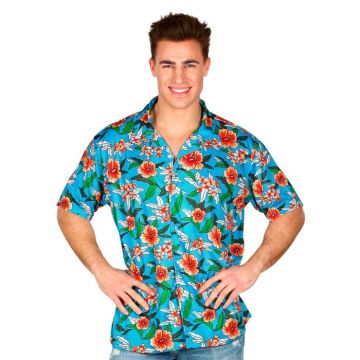 Blauw hawaii shirt met rode bloemen