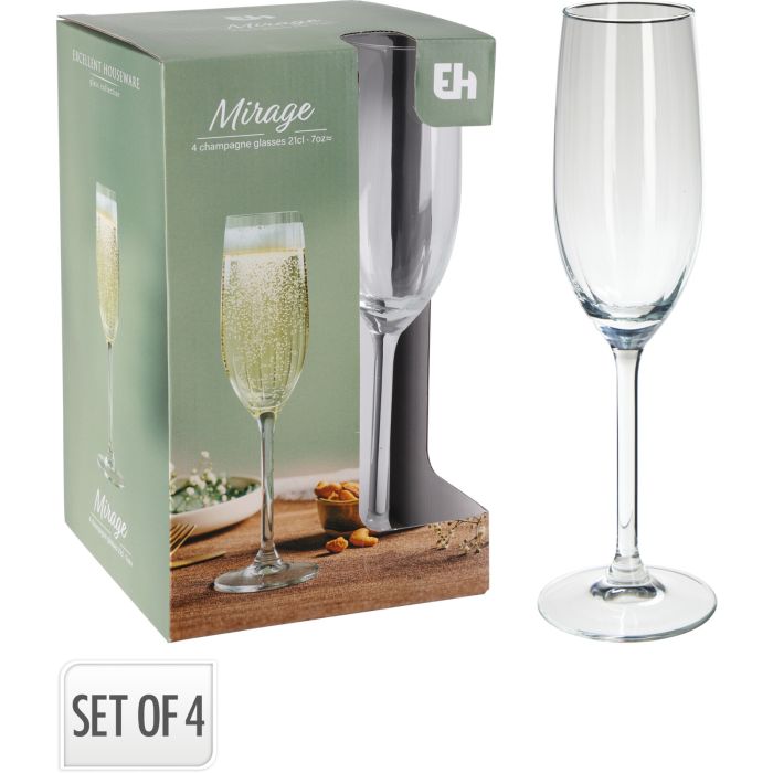Geribbelde champagneglazen in helder glas, 4 stk., 21 cl