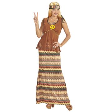 Hippiekostuum voor dames met lange rok en vredesteken