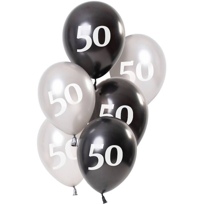 50 jaar ballonnen, metallic zwart en zilver 6x - 23 cm