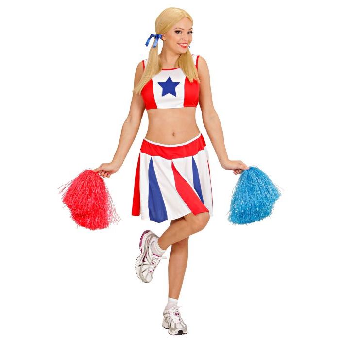 Cheerleader kostuum in rood, wit en blauw - 2 delen